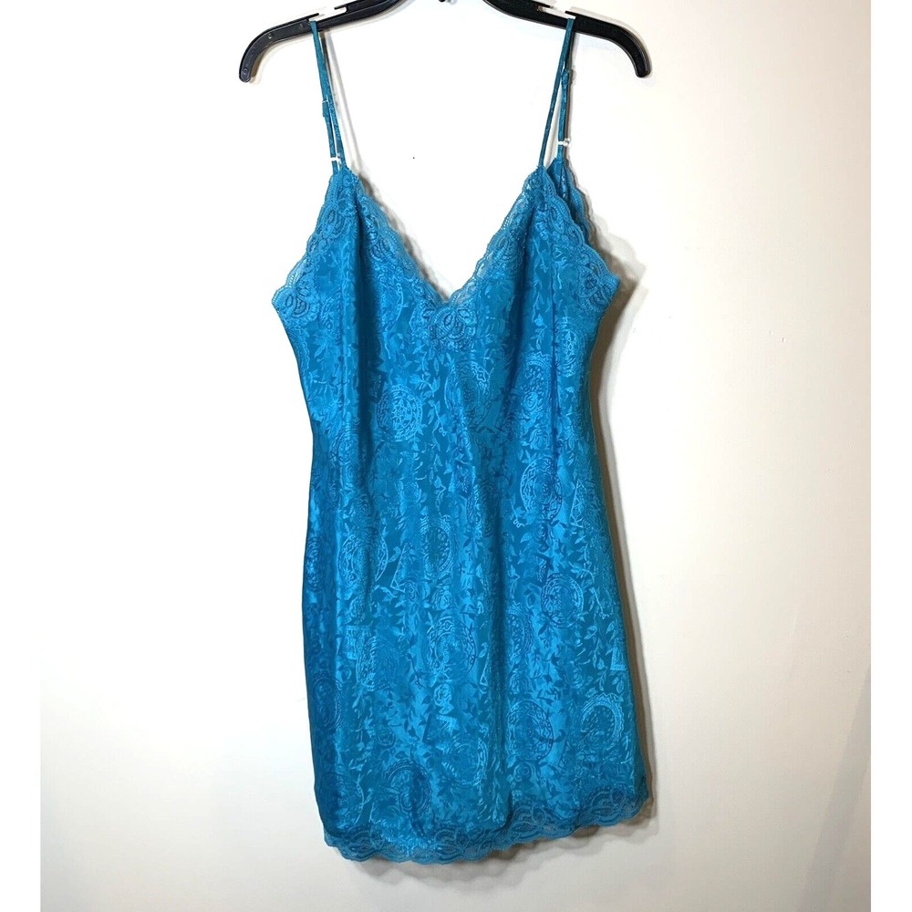 Victoria's Secret Chemise Large Blue Vintage Gold Label Satin Lace Floral Damask